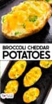 Broccoli cheddar twice-baked potatoes on a plate, upper image close-up and lower image shows four halves in a baking tray with title text overlay between the images.