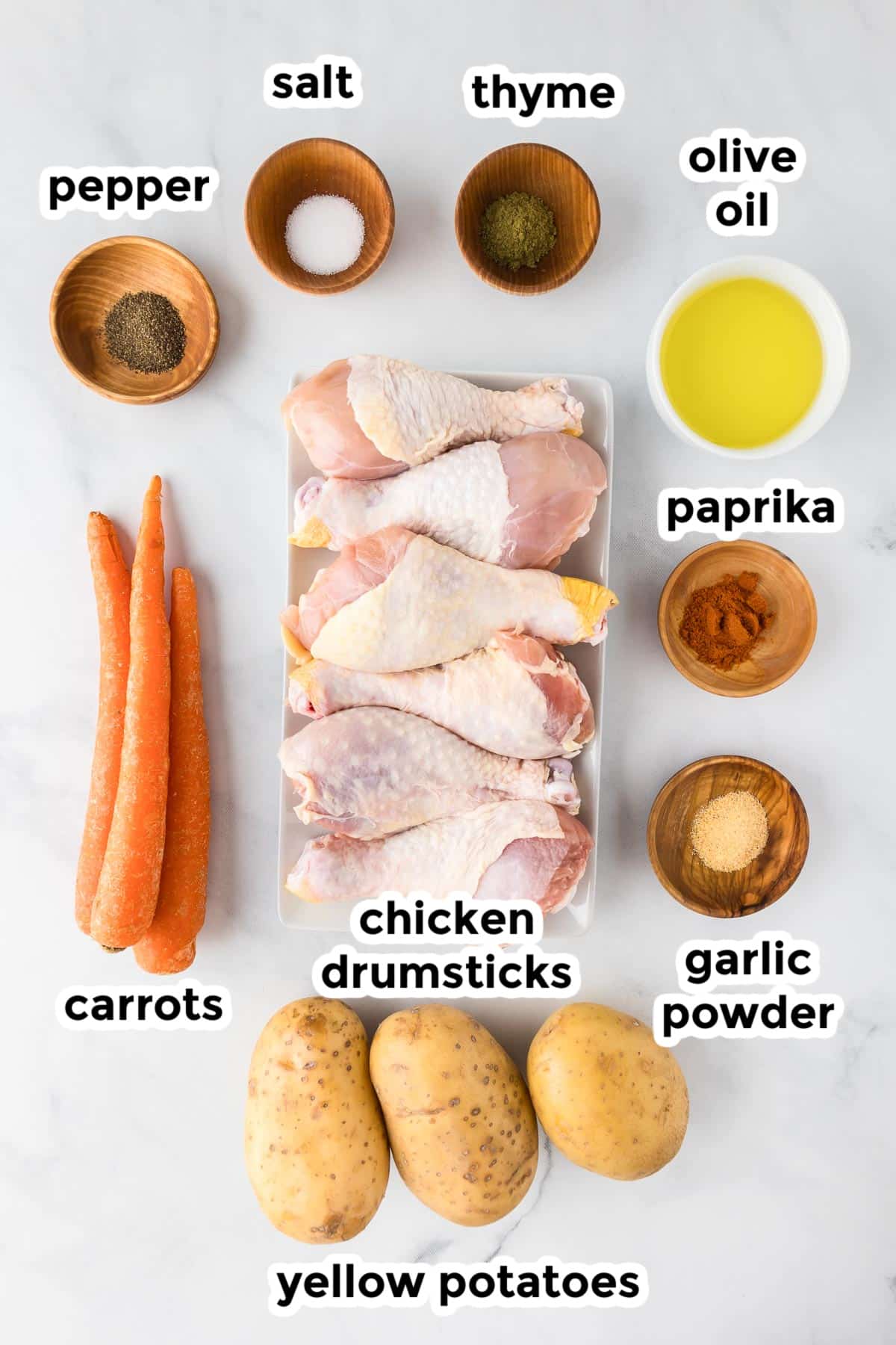 Top view of ingredients for baked chicken legs with potatoes on a counter with text labels in bowls.