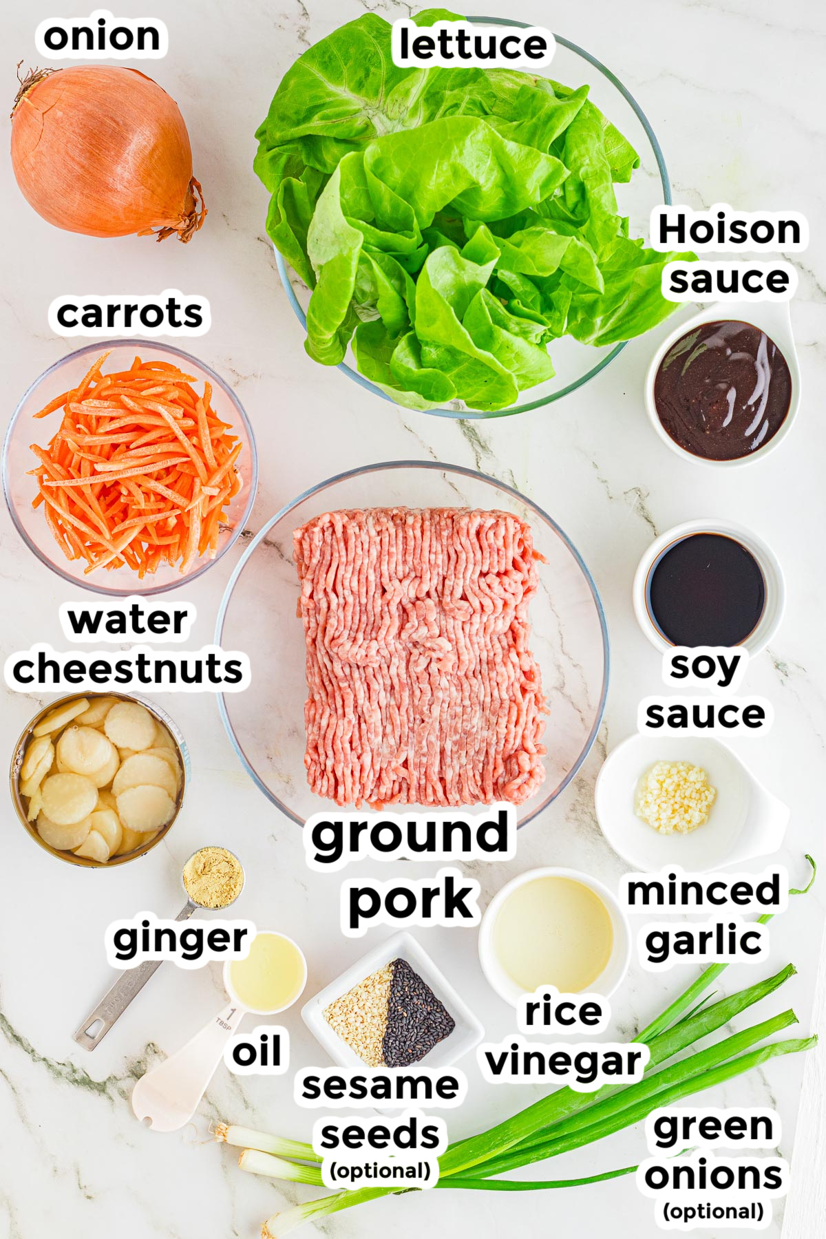 Ingredients for an asian-inspired ground pork lettuce wrap in bowls with text labels