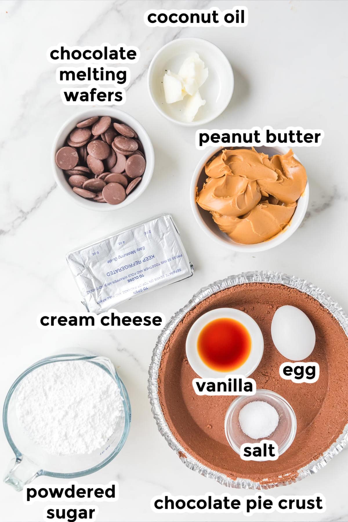 Ingredients for a chocolate peanut butter buckeye pie from overhead in bowls with title text labels.