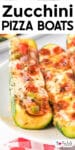Close-up of two zucchini halves topped with melted cheese, chopped vegetables, and herbs, served on a white plate with a red checkered tablecloth. Text at top reads "Zucchini Pizza Boats.