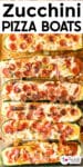 A baking sheet holds eight zucchini pizza boats topped with melted cheese, pepperoni, and other pizza toppings with title text "Zucchini Pizza Boats.