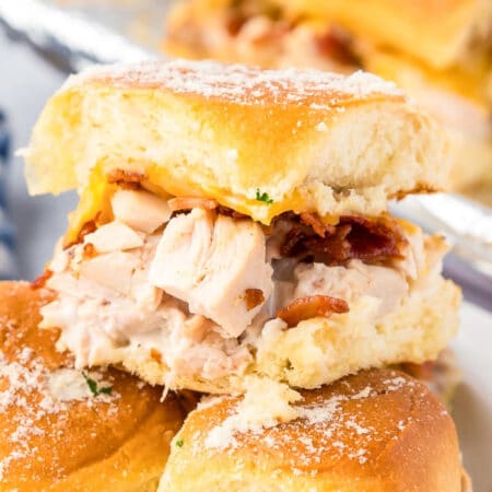 Close-up of a chicken bacon ranch slider sandwich.