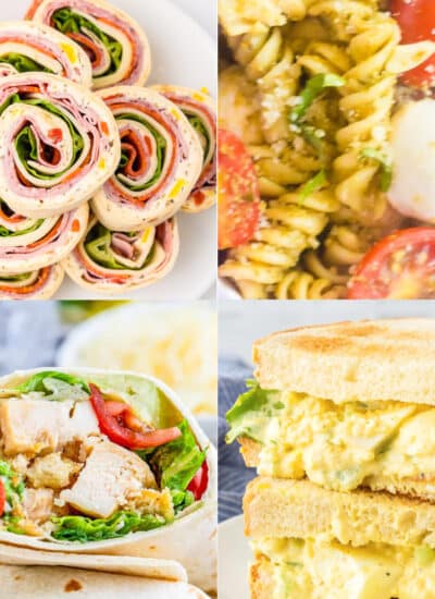 A collage image of four cold lunch recipes including tortilla pinwheel sandwiches, pasta salad with cherry tomatoes, a chicken wrap with lettuce and tomatoes, and an egg salad sandwich.