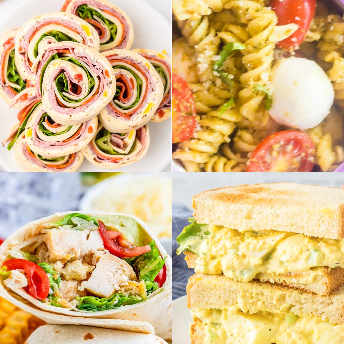 A collage image of four cold lunch recipes including tortilla pinwheel sandwiches, pasta salad with cherry tomatoes, a chicken wrap with lettuce and tomatoes, and an egg salad sandwich.