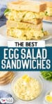 Stacked egg salad sandwich halves on top and a second image of a bowl of egg salad with egg slices on top and title text between the images.