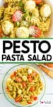 Two images of pesto pasta salad with rotini pasta, cherry tomatoes, mozzarella balls, and basil. Text between images reads "Pesto Pasta Salad". A logo in the bottom right corner says "On My Kids Plate".