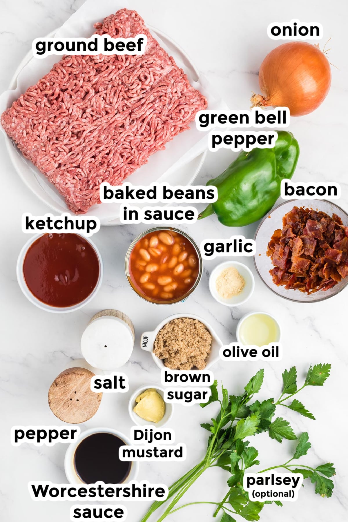 Ingredients for baked beans with ground beef on a counter in bowls with text labels.