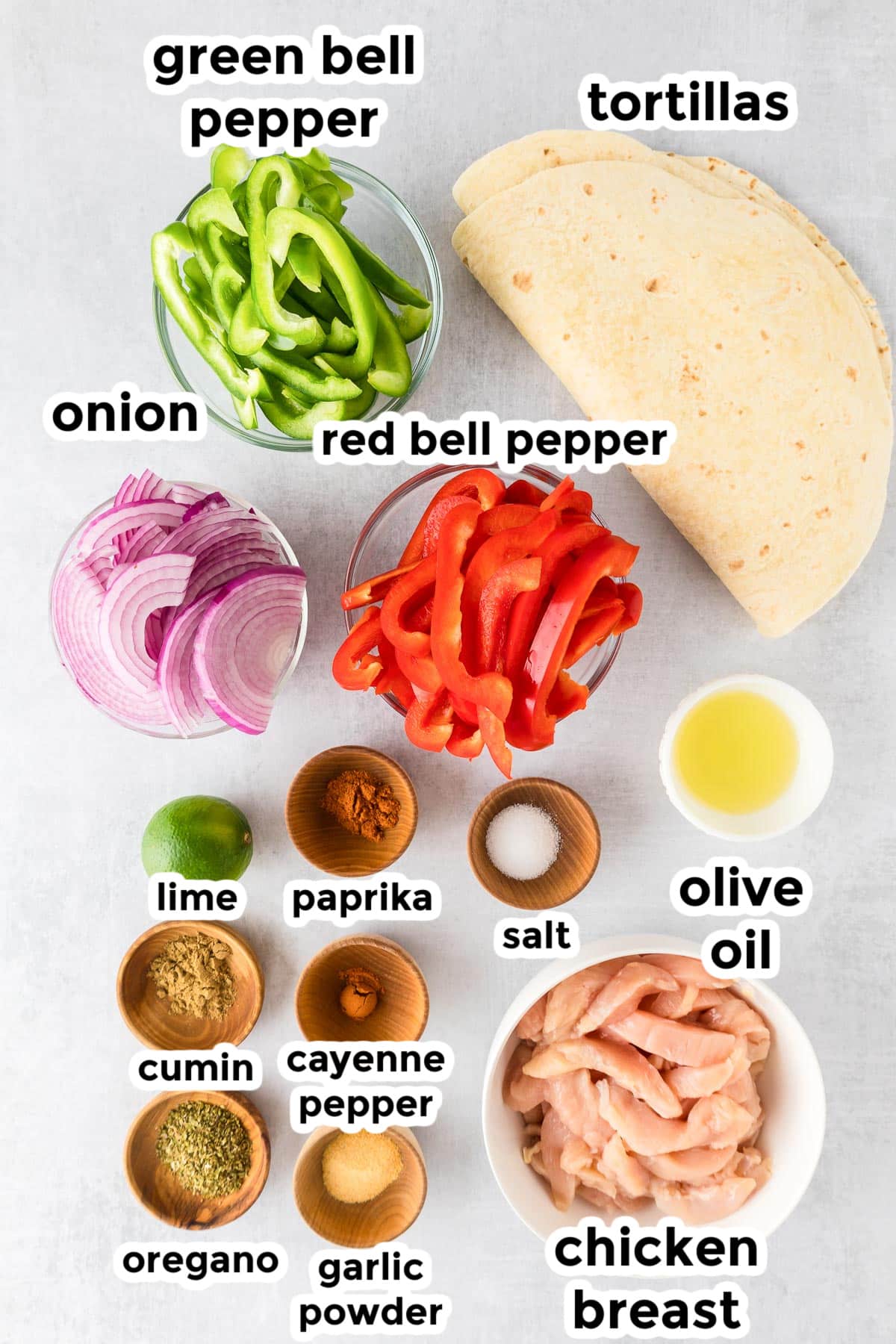 Ingredients for making chicken fajita wraps on a table in bowls with title text labels.