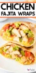 Two halves of a chicken fajita wrap stacked to see the inside on a plate with title text across the top of the image.