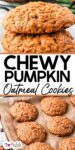 Chewy pumpkin oatmeal cookies stacked and in a second image below on a pan with title text in between the images.