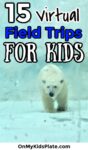 A polar bear walking on ice with the text "15 virtual field trips for kids" on top of the image.