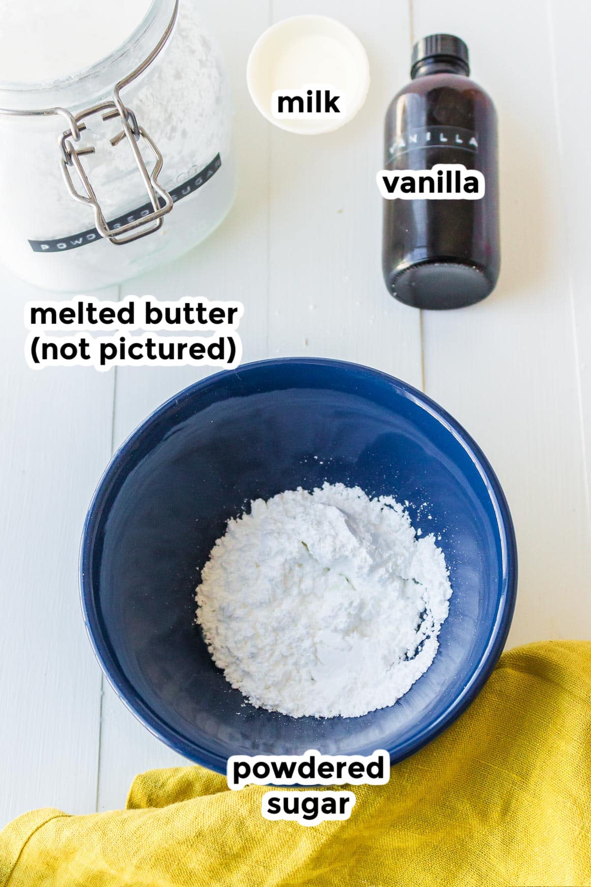 Ingredients for the glaze for blueberry biscuits with text titles.