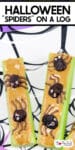 Two celery sticks topped with peanut butter, raisins, and chocolate decorated to look like spiders with title text across the top.