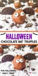 Tow pictures of a chocolate oreo ball decorated with chocolate an candy to look like a bat for Halloween with title text between the images.