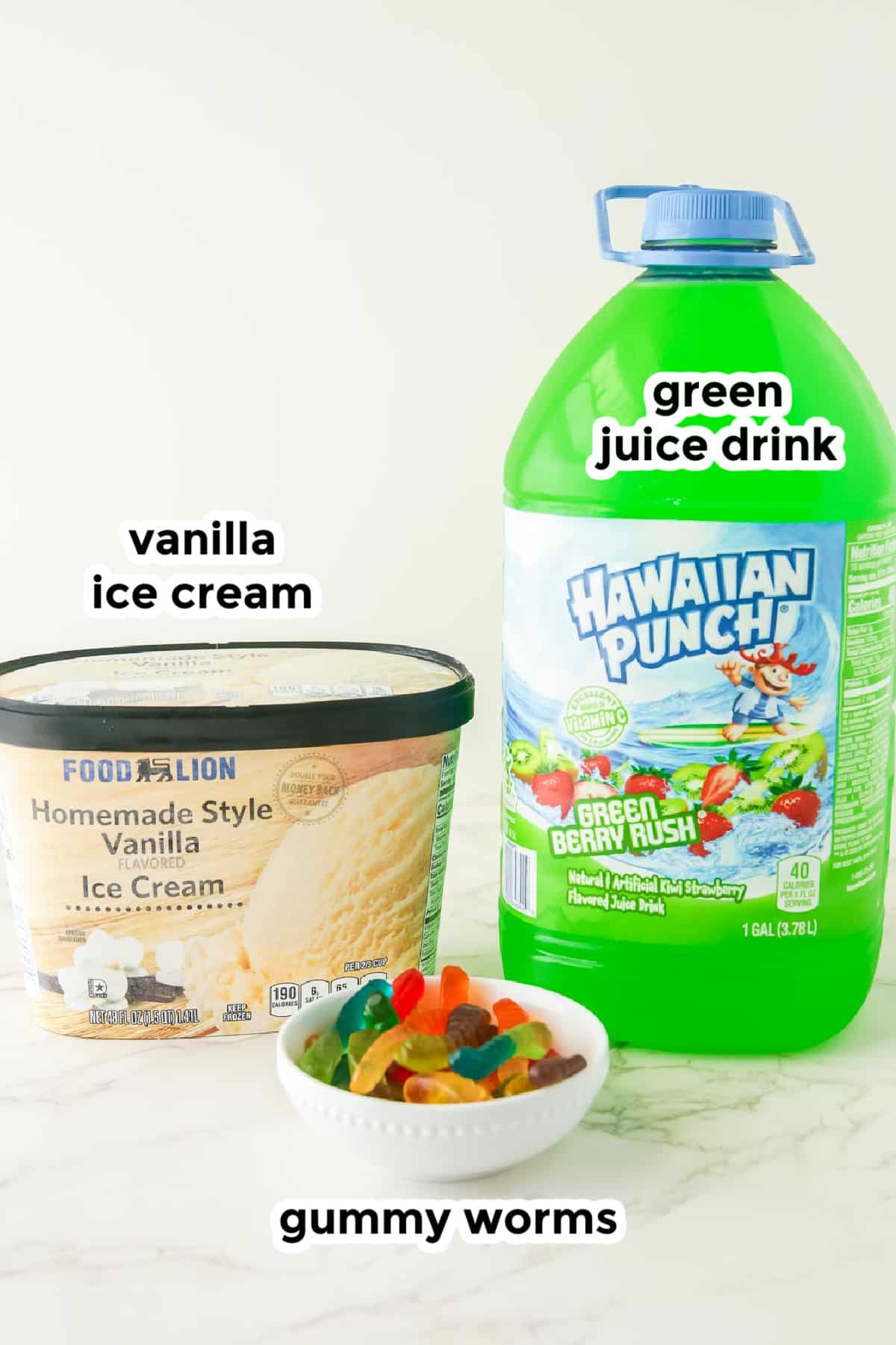 A container of vanilla ice cream, a gallon of green juice drink, and a bowl of gummy worms for Halloween punch on a counter from the side with text labels on each item.