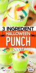 Two images of a green Halloween punch topped with a creamy white top and gummy worms with title text between the images.