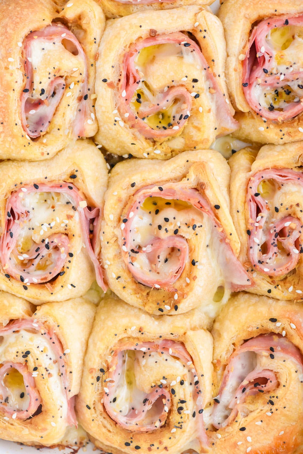 Close-up view of baked ham and cheese pinwheels topped with everything bagel seasoning baked close together in the pan.