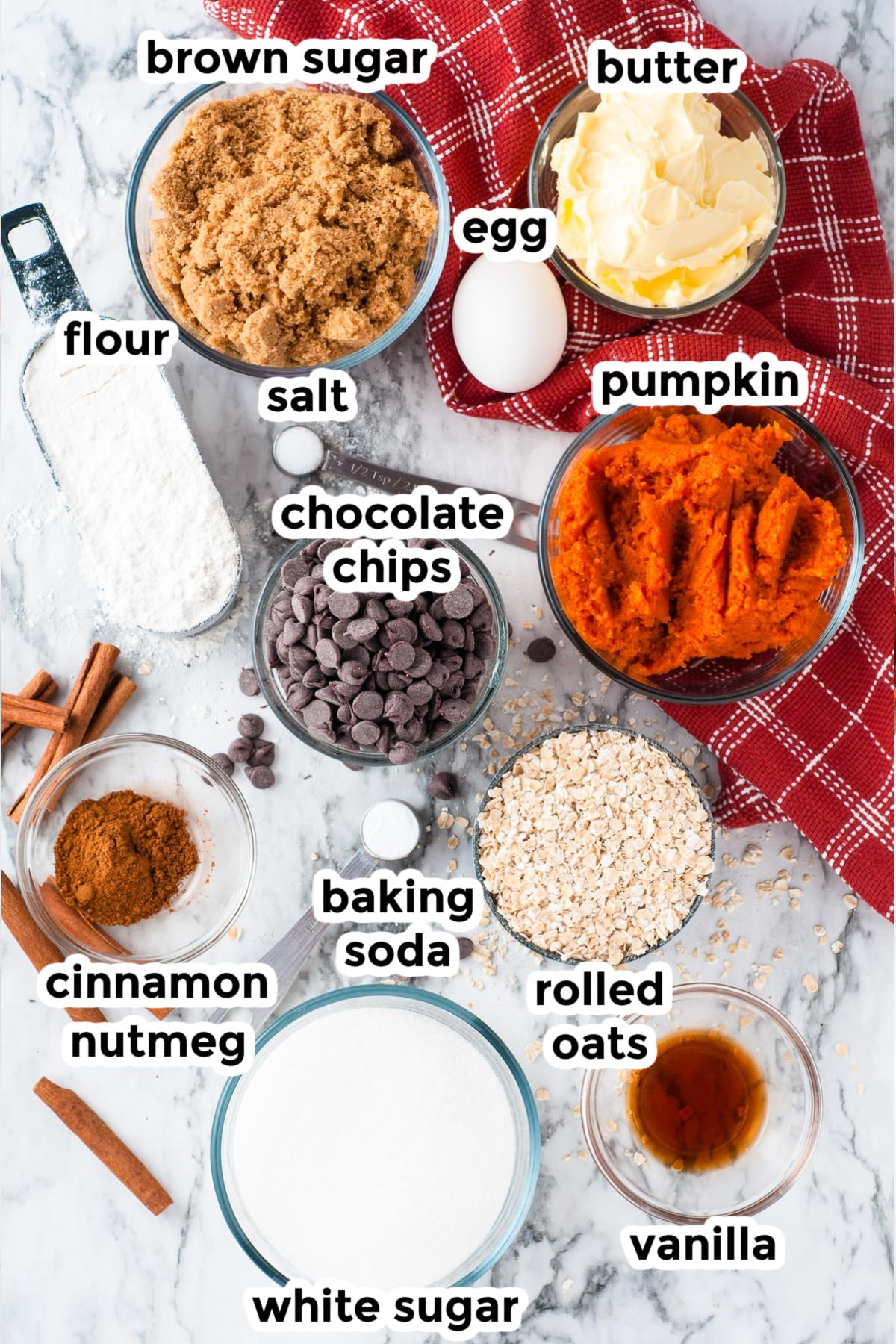 Ingredients for pumpkin oatmeal cookies in bowls with text labels from above on a counter.