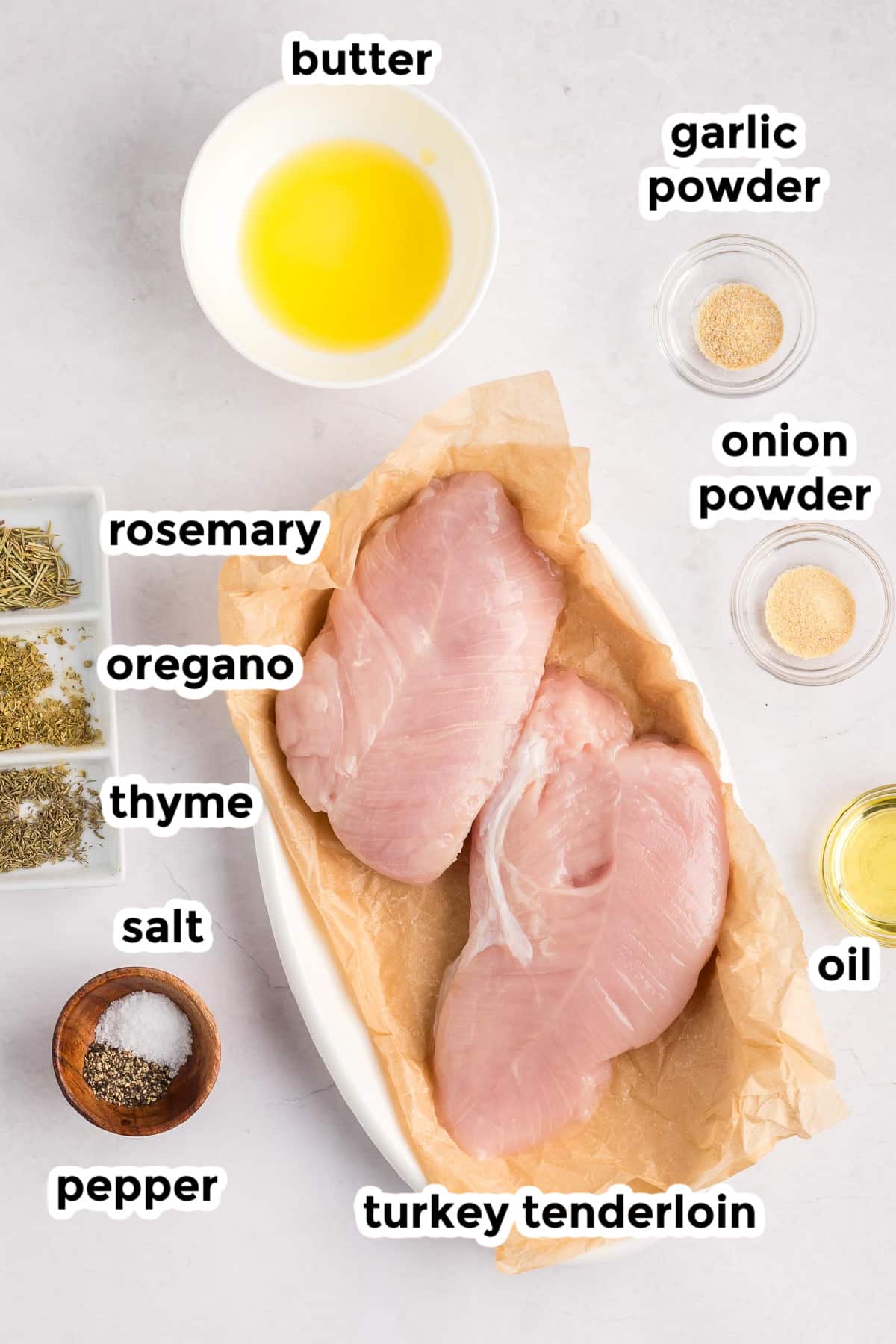 Ingredients for roasted turkey tenderloin on a counter including raw turkey tenderloin, spices, oil and melted butter in bowls with text title labels.