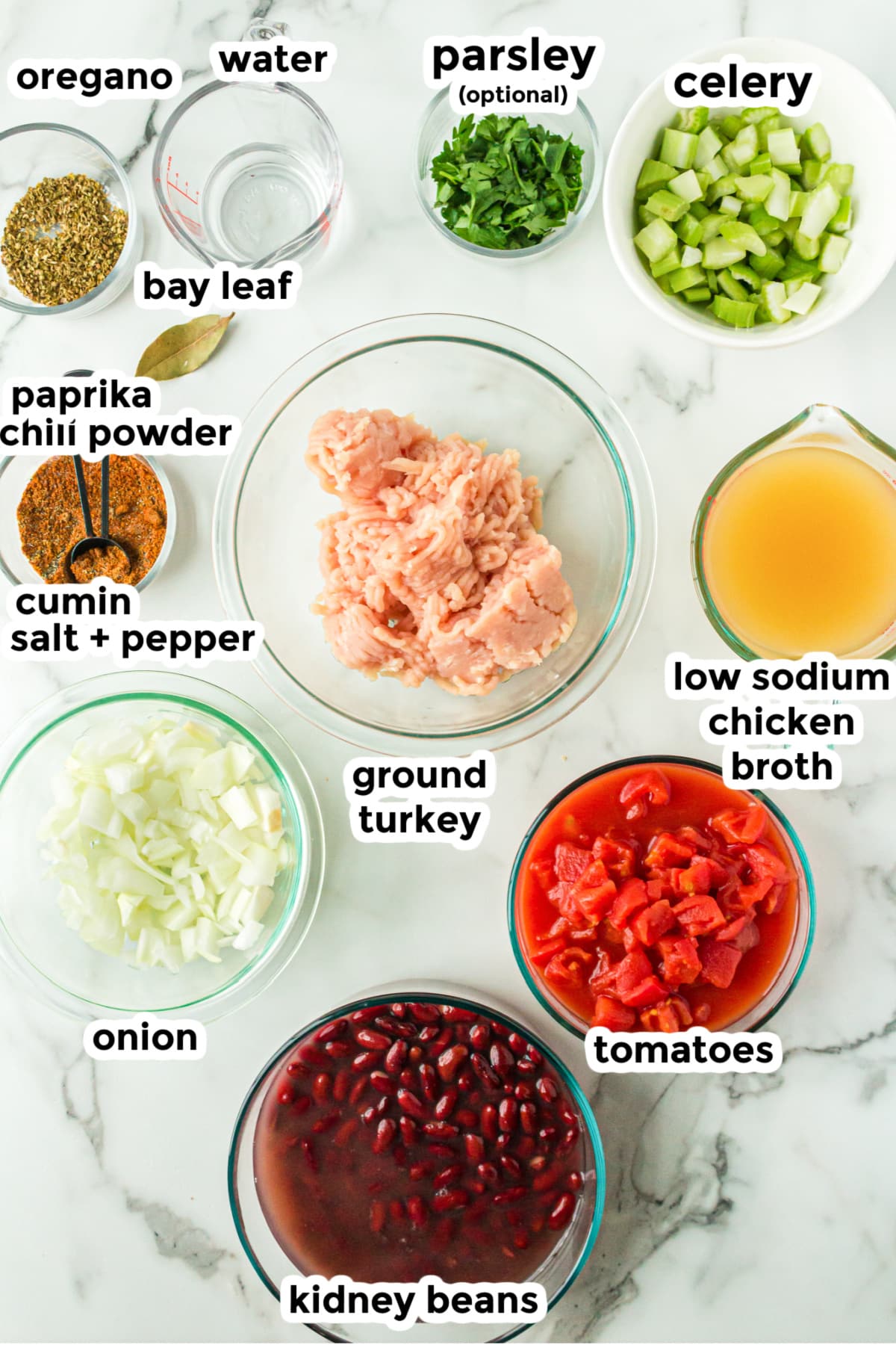 Ingredients for ground turkey chili in bowls with text labels.