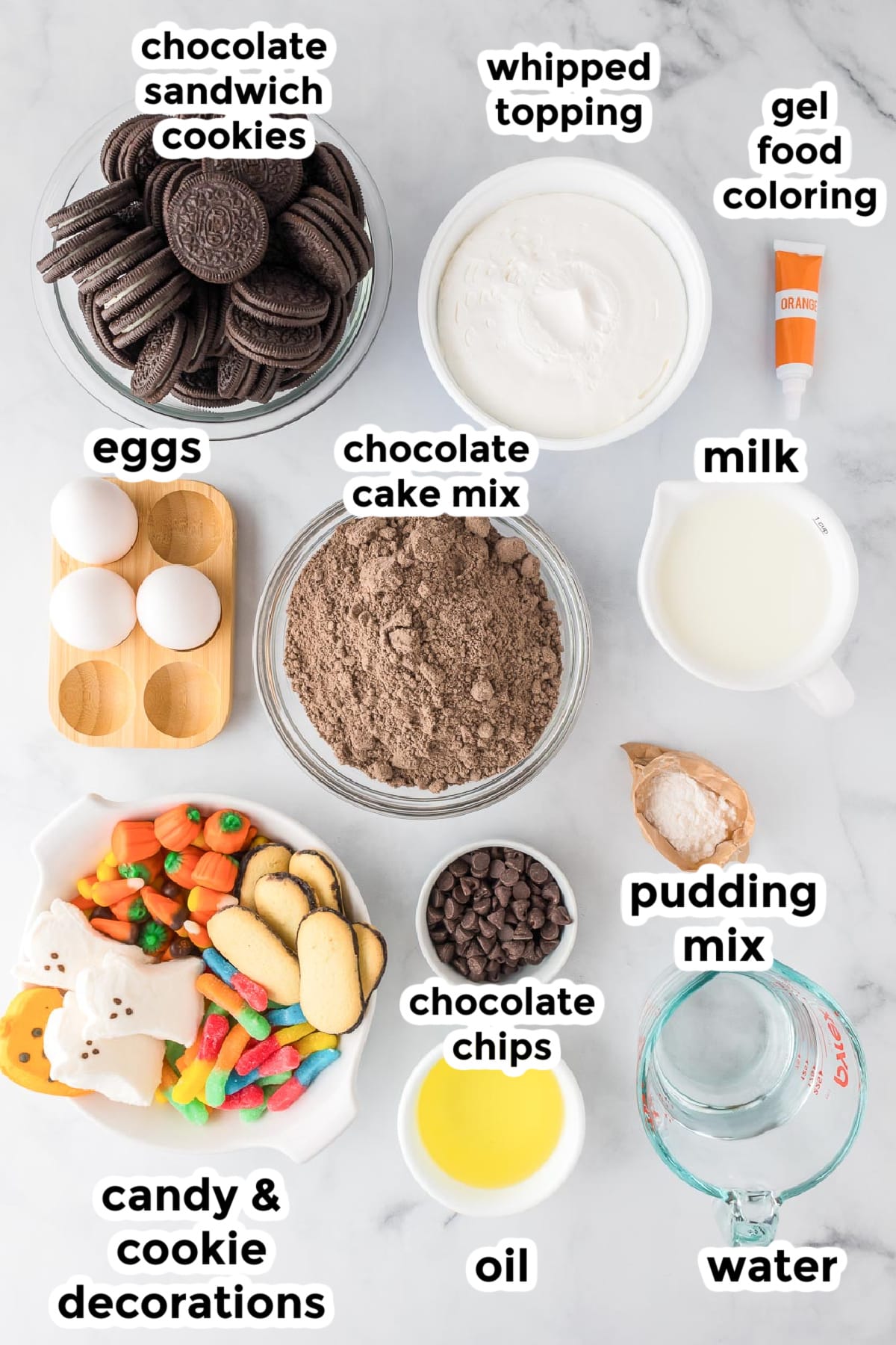 Ingredients for a Halloween decorated chocolate poke cake in bowls on a counter with title text labels.