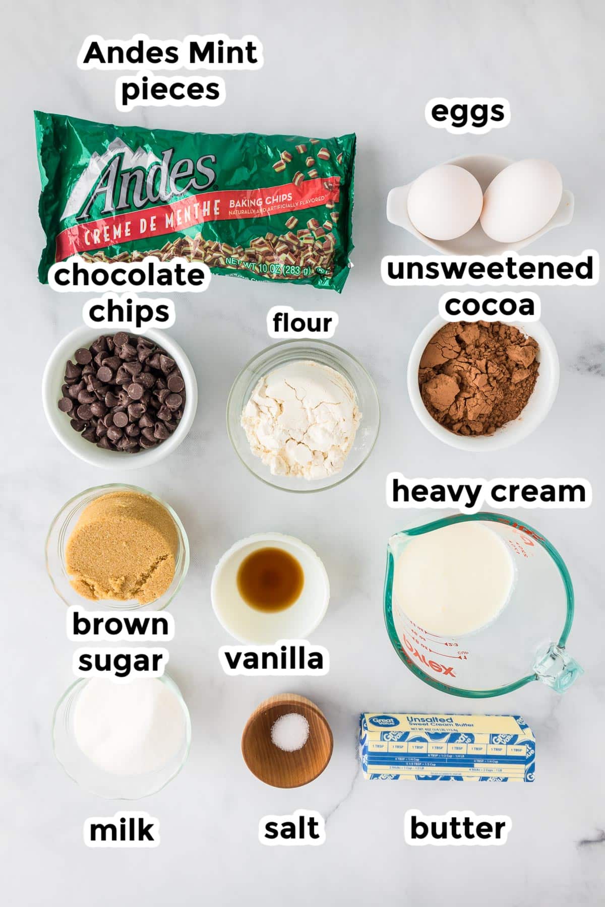 Ingredients for Andes Mint brownies on the counter in bowls with title text labels.