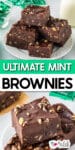 A plate of chocolate Andes mint brownies topped pieces of andes mint over a second image of one brownie with title text between the images.