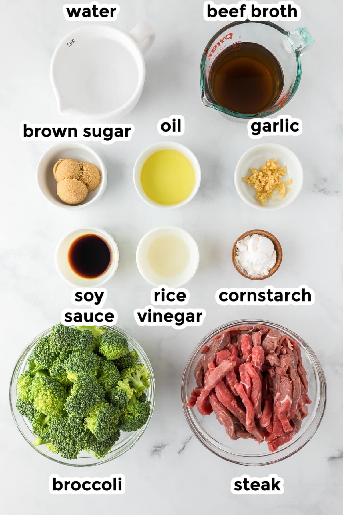 Ingredients for beef and broccoli on a counter with text labels.