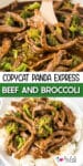 Beef and broccoli being stirred in a pan with a wooden spoon over a second image of beef and broccoli served over rice with title text between the images.