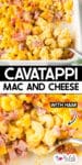 Cavatappi mac and cheese with ham, topped with melted cheese in a casserole dish on top of an image of a large spoon scooping the mac and cheese with ham pieces with title text between the images.