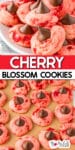 Cherry blossom cookies topped with chocolate kisses on a plate and arranged on a baking sheet with title text between the two images.