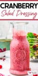 A glass bottle of cranberry salad dressing on a countertop beside a glass bowl of salad and a bowl of dried cranberries.