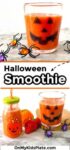 Two Halloween-themed smoothies with jack-o'-lantern faces, surrounded by toy spiders and fruits with title text between the images.