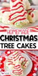 Close-up of homemade Christmas tree-shaped cakes both a single cake and a second image of a plate full with title text between the images.