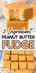 A piece of 2 ingredient peanut butter fudge missing a bite over a second image of peanut butter fudge pieces sliced on a cutting board with title text between the images.