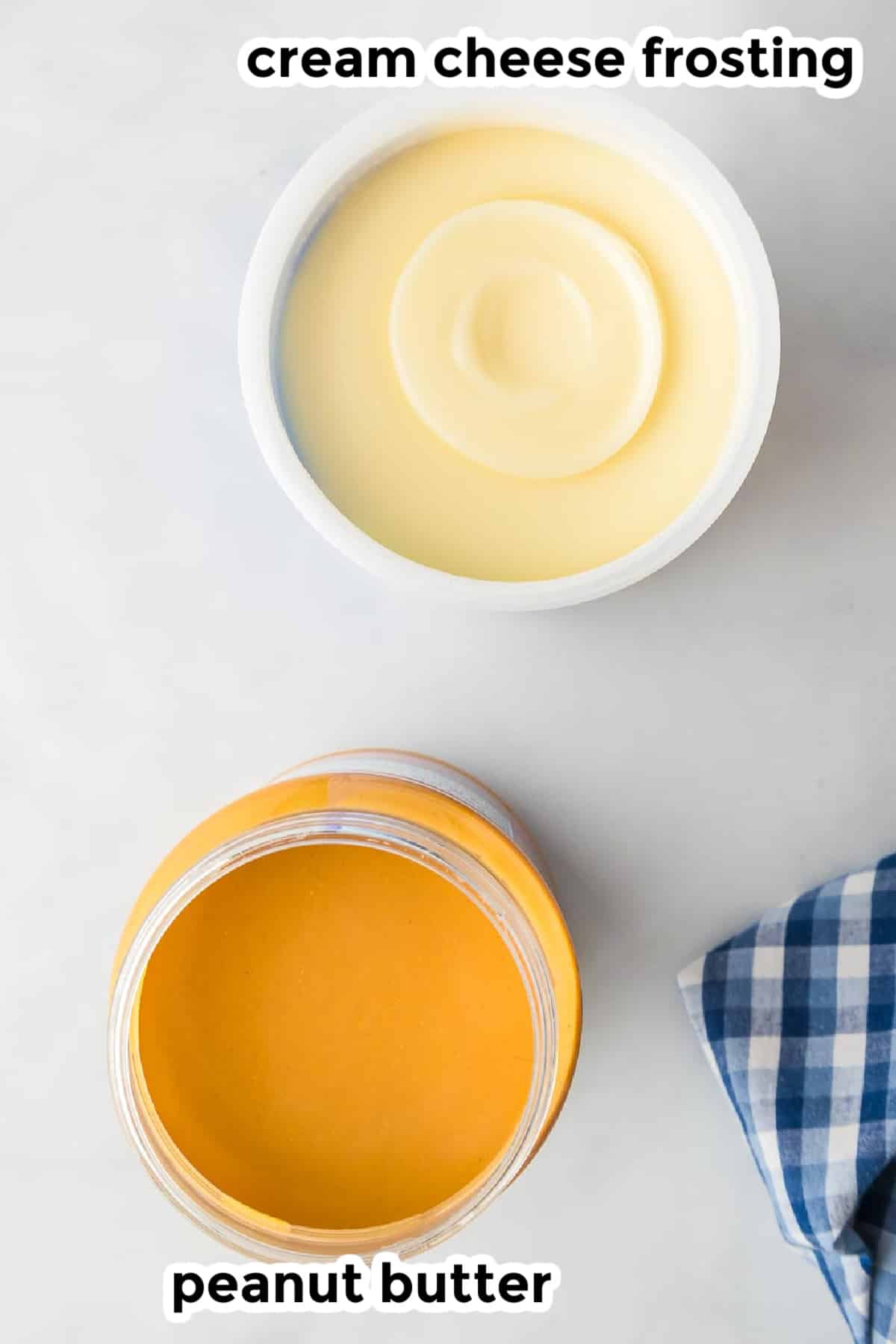 An open container of white frosting and an open container of peanut butter on a counter with title text labels.