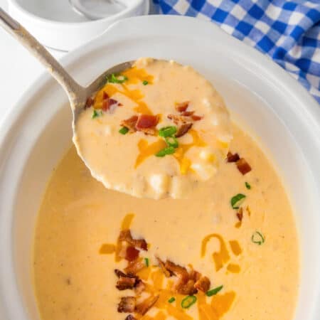 A ladle holding a scoop of creamy hash brown potato soup being scooped from a slow cooker base topped with bacon pieces, shredded cheese and green onion pieces.