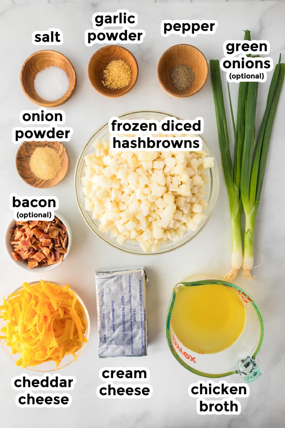 Ingredients for crock pot hash brown potato soup in bowls with text title labels.