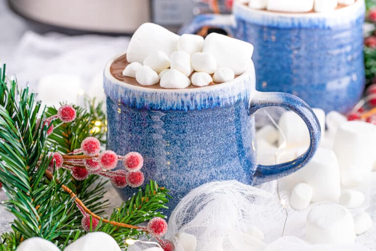 Blue mug with hot chocolate topped with marshmallows, surrounded by festive greenery and berries.