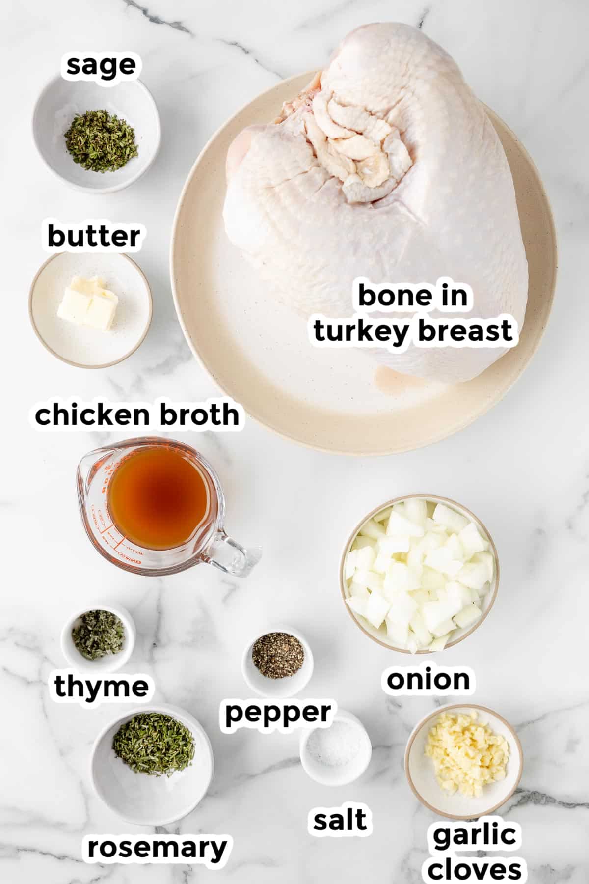 Ingredients for bone in turkey breast in the slow cooker in bowls on a counter with text overlay.