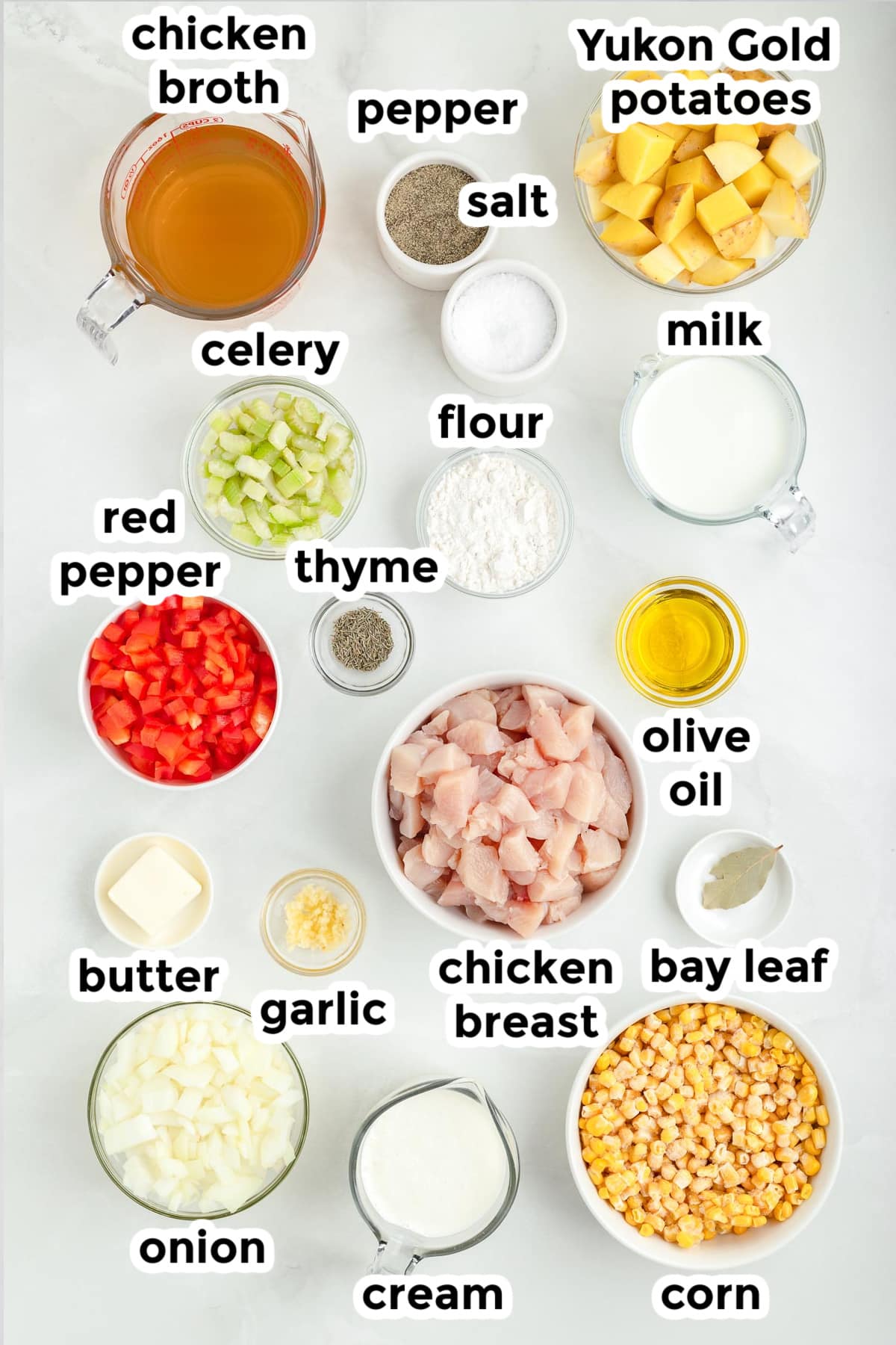 Ingredients for chicken and corn chowder in bowls on a counter with text labels.