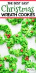 Multiple green wreath-shaped cornflake cookies on a counter with title text over the image.