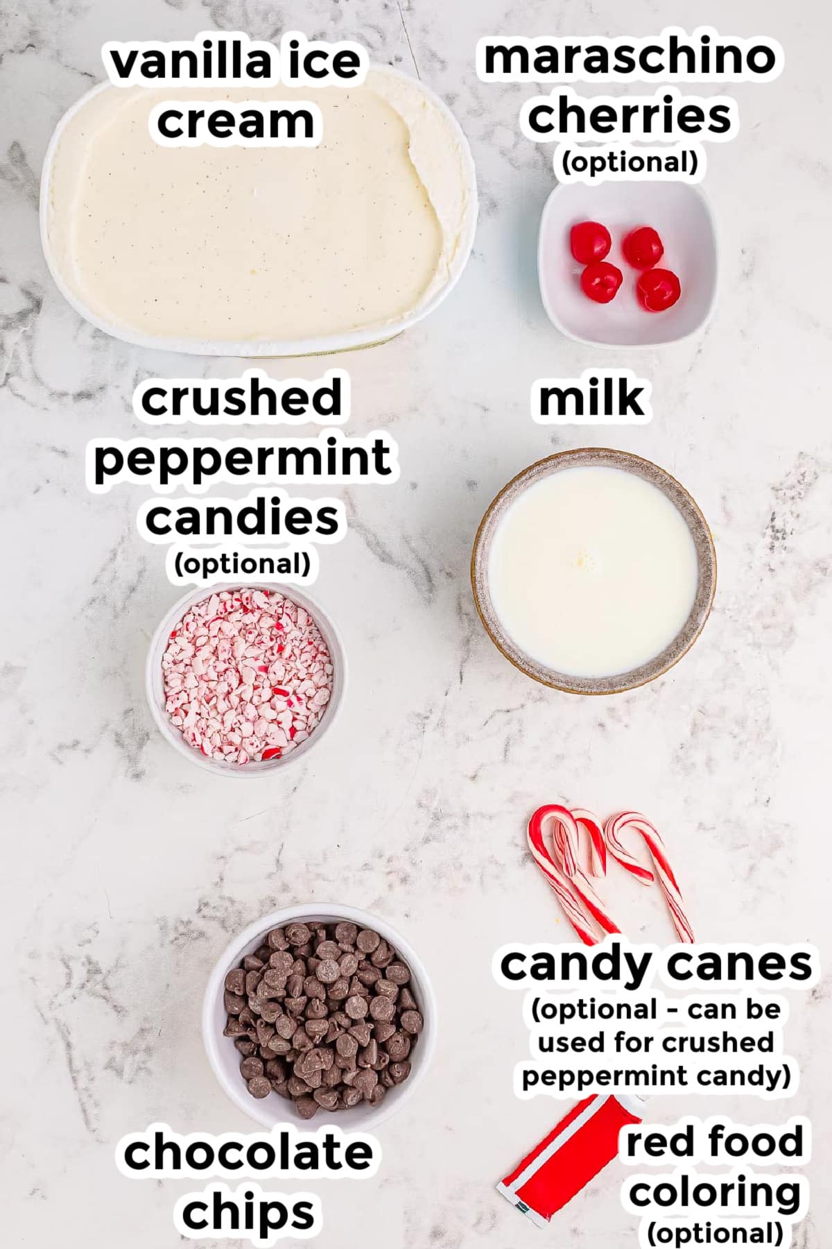 Ingredients for a copycat chick fil a peppermint milkshake in bowls on a counter with text labels.