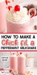 A close up of a pink peppermint milkshake topped with whipped cream, a cherry, and candy canes over a second image of two milkshakes from the side with title text between the images.