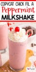 Pink peppermint milkshake topped with whipped cream, a cherry, and a candy cane with title text across the top of the image.