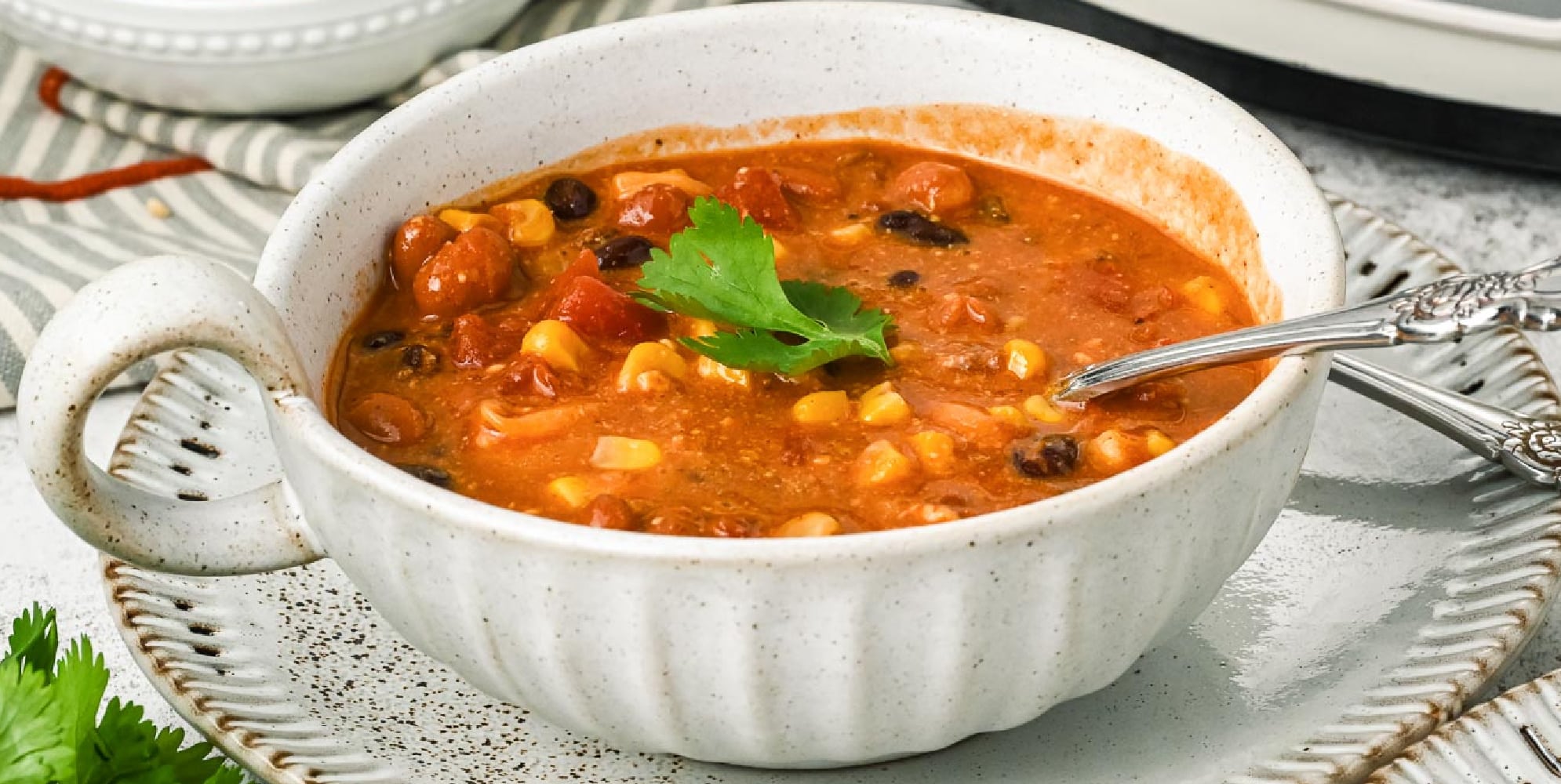 A wide view of a bowl with a handle of 7 can soup with corn, black beans, and tomatoes, garnished with cilantro, in a white bowl with a slow cooker nearby on the counter.