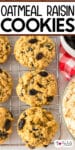 Oatmeal raisin cookies on a cooling rack from above with title text over the top of the image.