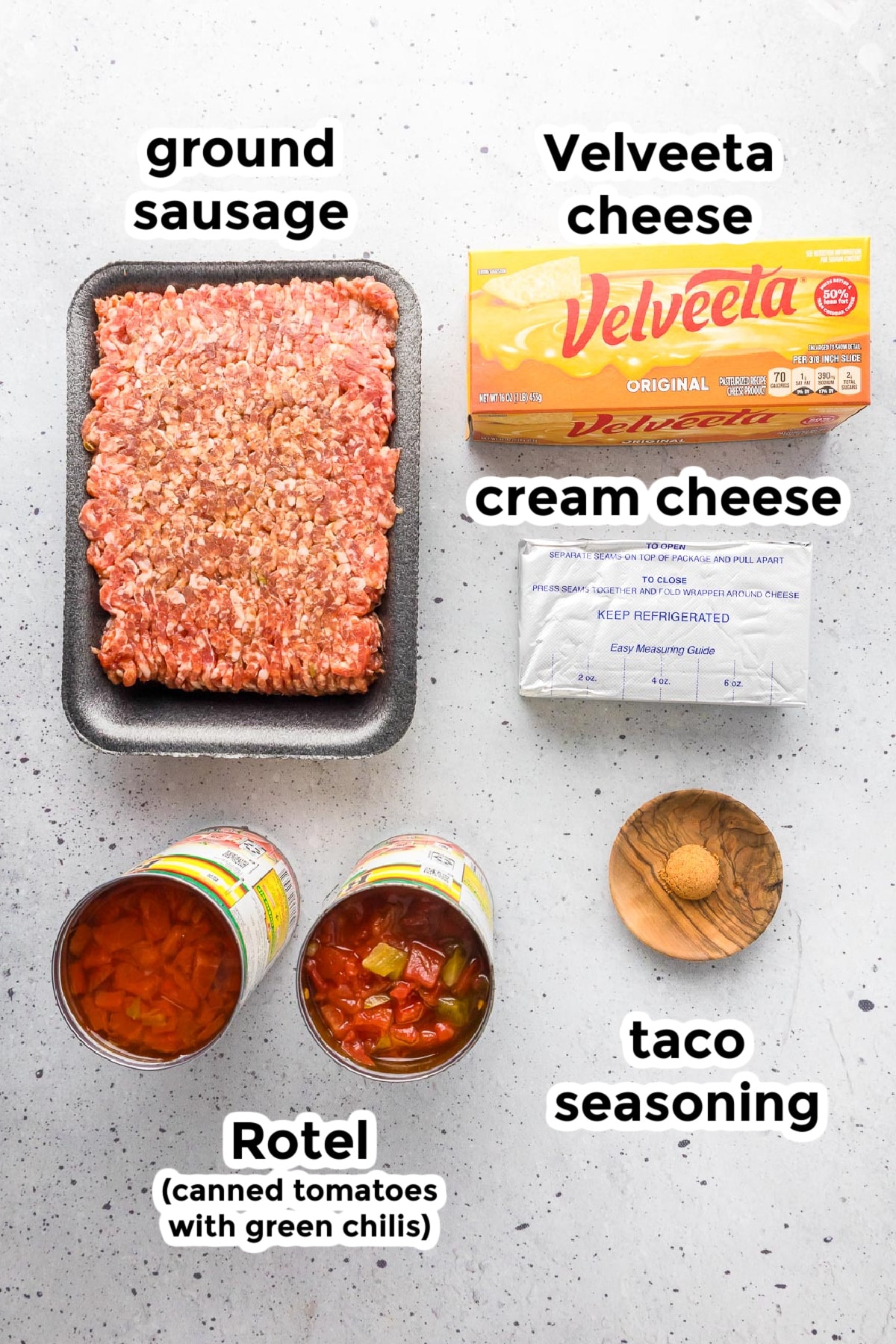 Ingredients for rotel dip on the counter in bowls with title text labels.