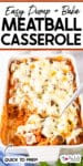 A baked meatball casserole topped with melted cheese in a baking dish, with a serving spoon and some servings removed, and title text over the top of the image.